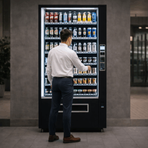 Varuautomat med tilltugg, färdig mat och dricka på arbetsplatsen